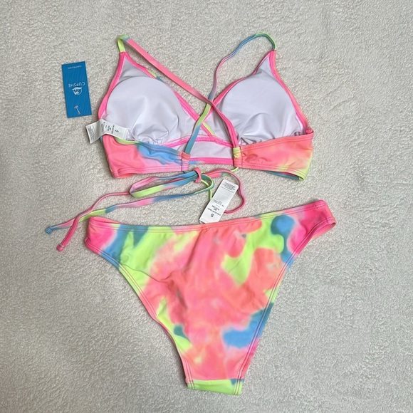 NWT! Pink yellow and‎ blue Tie-Dye Triangle Top & Cheeky Hipster Bikini Set - Picture 6 of 8